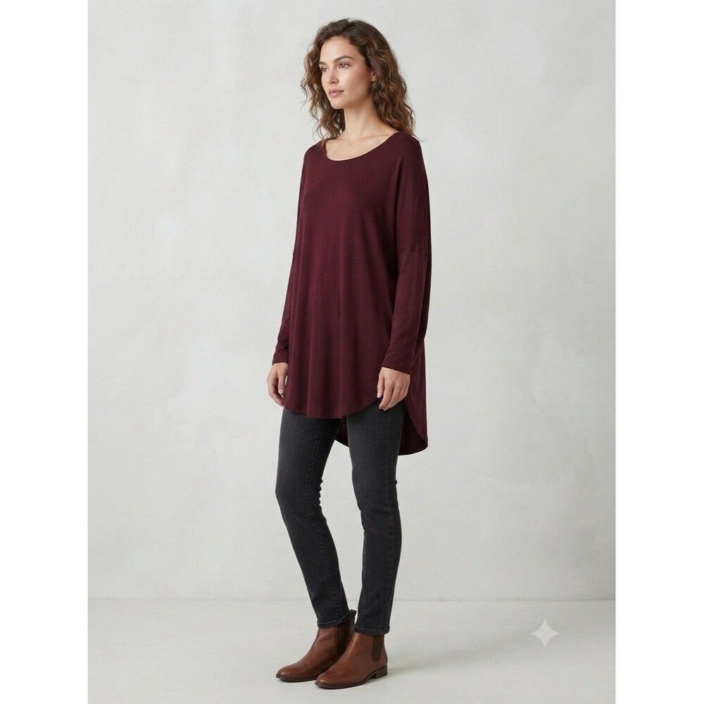 Bryn Walker Womens Tunic Top M Burgundy Rayon Spandex Lagenlook Minimalist Artsy